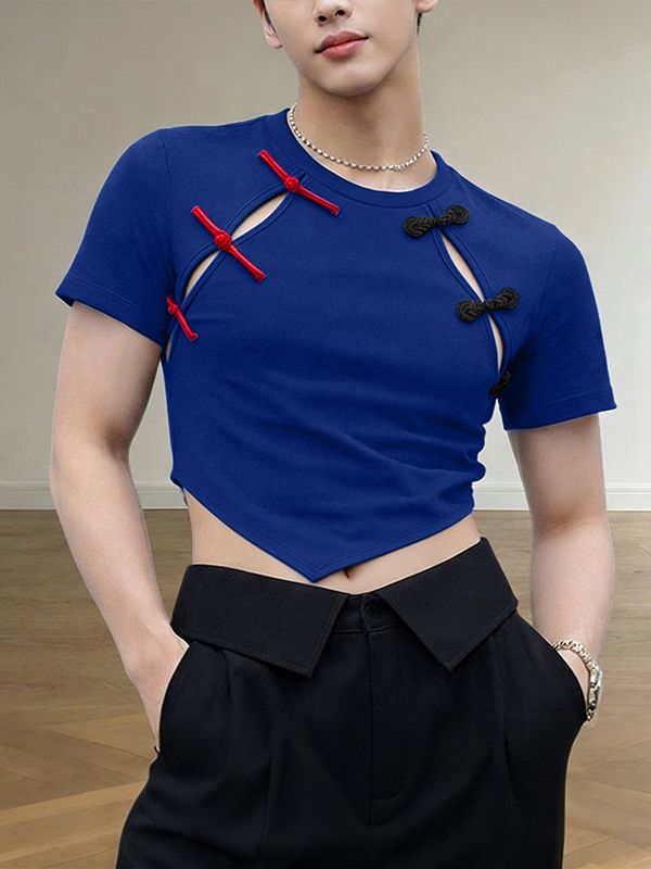 Men's Asymmetrical Color Pop Pointed Hem Cropped T-shirt SKUL60270