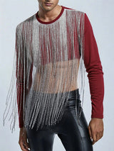 Men's Silver Tassel Patchwork Cropped Long Sleeve T-Shirt SKUL23924