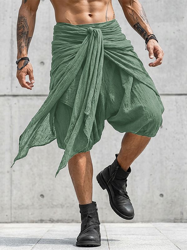 Men's Avant-Garde Dark Wear Deconstructed Asymmetric Tied Wrap Drop-Crotch Short SKUL54748