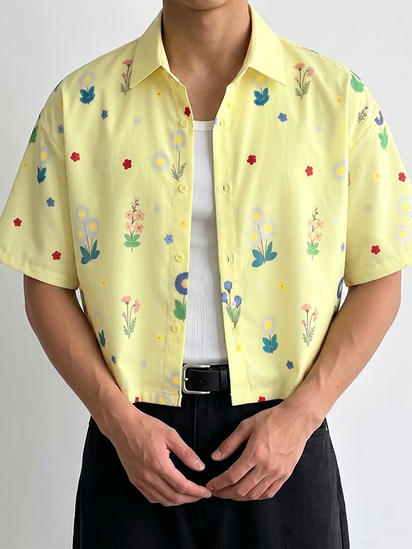 Men's Summer Vacation Floral Print Cropped Short Sleeve Button Up Casual Shirt SKUL69097