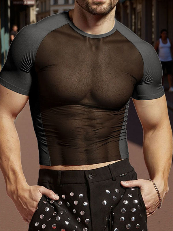 Mens Sheer Mesh Patchwork Short Sleeve T-Shirt SKUL13682