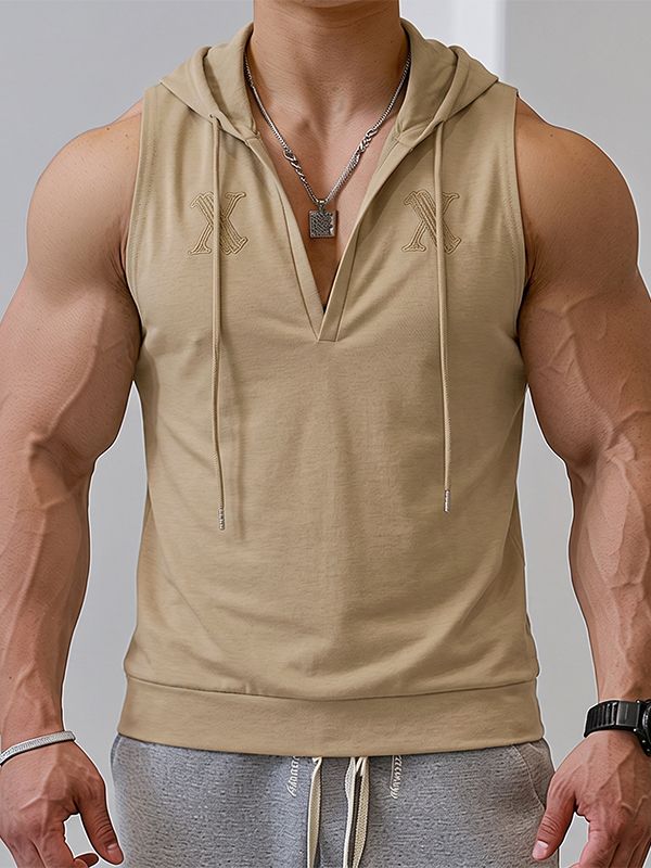 Men's Athletic Gym Deep Split V-Neck Drawstring Hood Muscle Cut Sleeveless Hooded Collar Tank SKUL80622