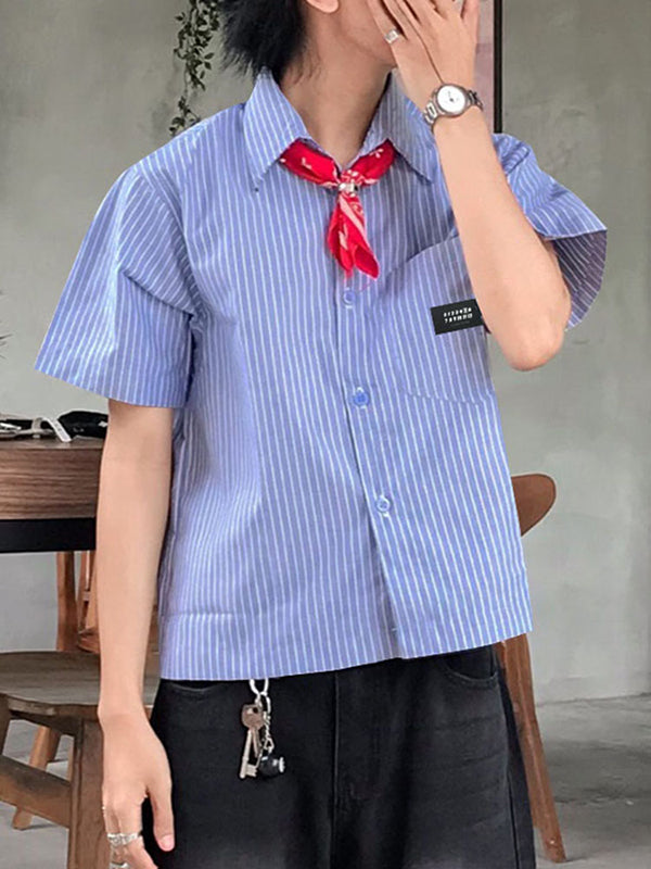 Mens Simple Striped Short Cropped Short Sleeve Shirt SKUL02352