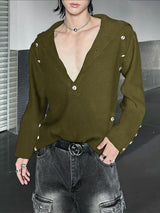 Men's Deconstructed Metal Buckle High Neck Long Sleeve T-shirt SKUL42254