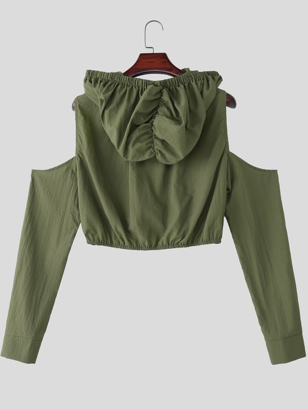 Men's Cyberpunk Techwear Cut-Out Shoulder Ultra-Cropped Ruched Hoodie T-shirt SKUL75398