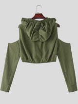 Men's Cyberpunk Techwear Cut-Out Shoulder Ultra-Cropped Ruched Hoodie T-shirt SKUL75398