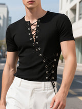 Mens Crisscross Lace-Up Knit Short Sleeve T-Shirt SKUL16797