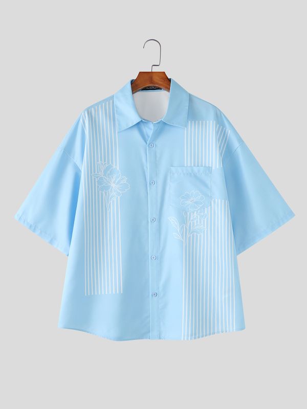 Men's Japanese Harajuku Style Clean Color-Block Vertical Stripe Floral Print Short Sleeve Shirt SKUL72759
