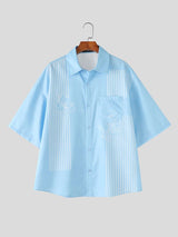 Men's Japanese Harajuku Style Clean Color-Block Vertical Stripe Floral Print Short Sleeve Shirt SKUL72759