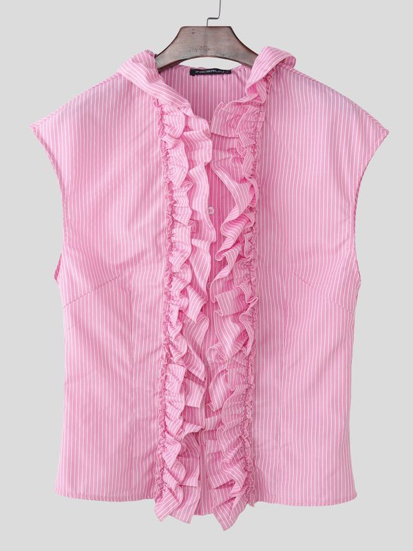 Men's Ruffle Design Striped Short Sleeve Shirt SKUL60110