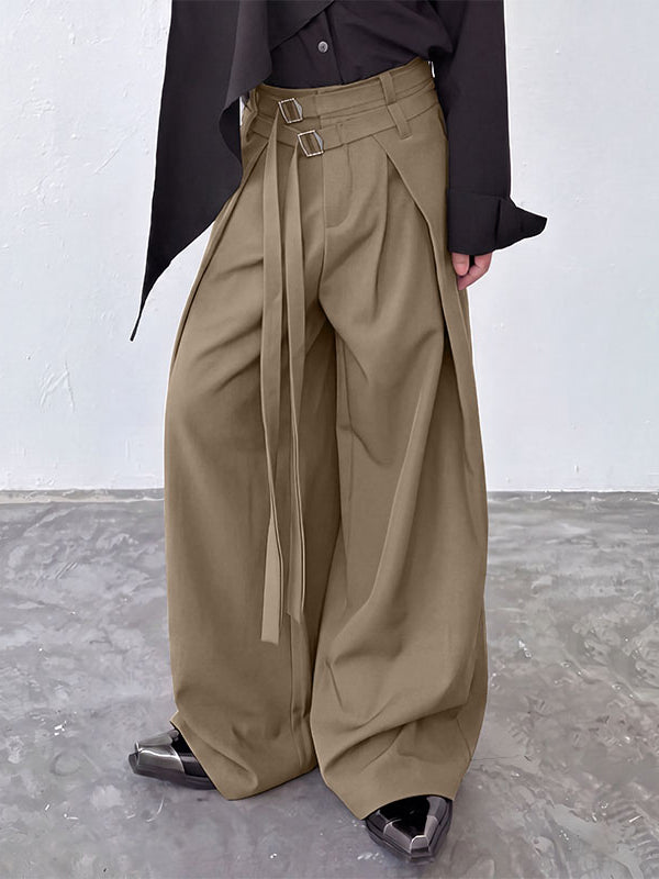 Men's Avant-Garde Double D-Ring Strap Pleated Maxi Wide-Leg Pant SKUL71389