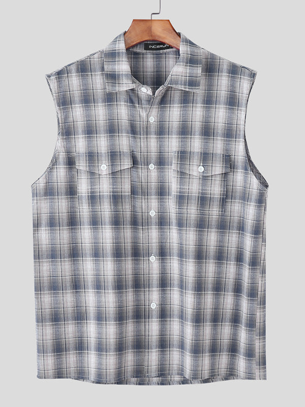 Mens Plaid Gradient Casual Sleeveless Shirt SKUL17804