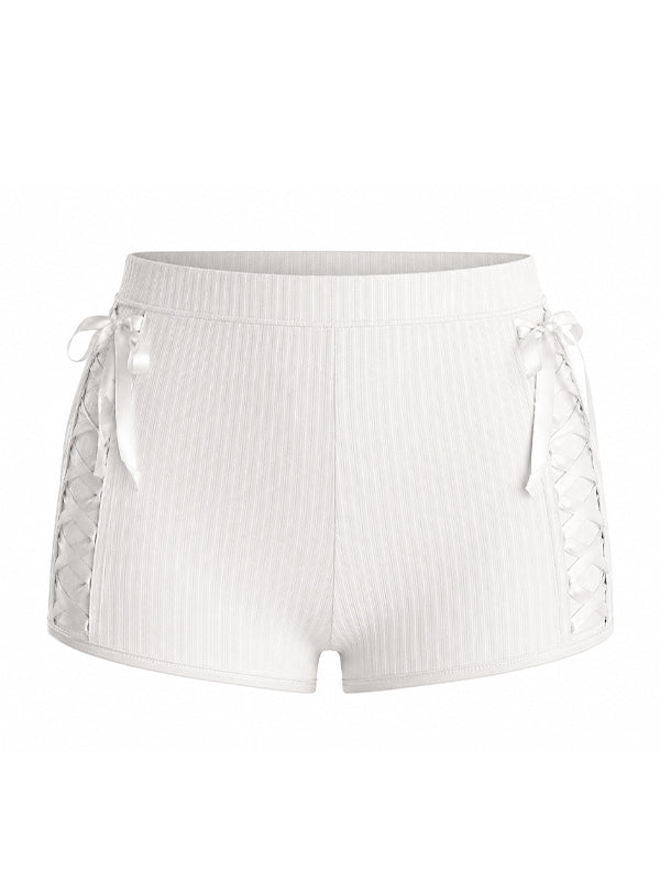 Men's Avant-Garde Side Lace-Up Cutout Ribbed Knit Fitted Gym Short SKUL70263