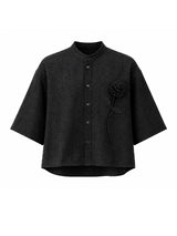Men's Vintage Modern Chinese Mandarin Collar 3D Applique Rose Cropped Short Sleeve Shirt SKUL73660