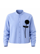 Men's Romantic Avant-Garde 3D Rose Appliqué Cropped Pinstripe Mandarin Collar Shirt SKUL79629