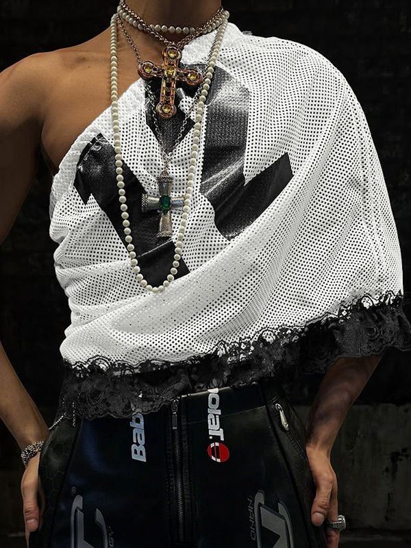 Men's Avant-Garde One-Shoulder Number Print Mesh Ruffle Lace Hem Tank SKUL54411