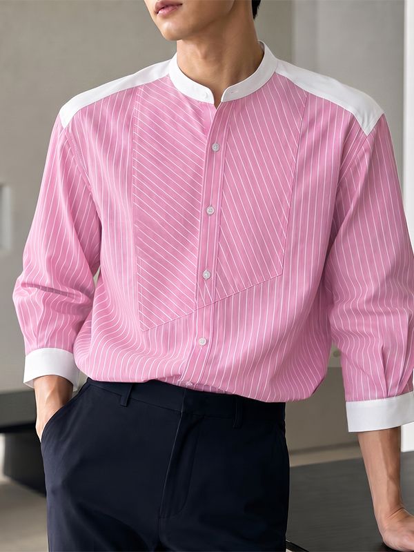 Men's Casual Striped Contrast Color Patchwork Stand Collar Three Quarter Sleeve Shirt SKUL76751