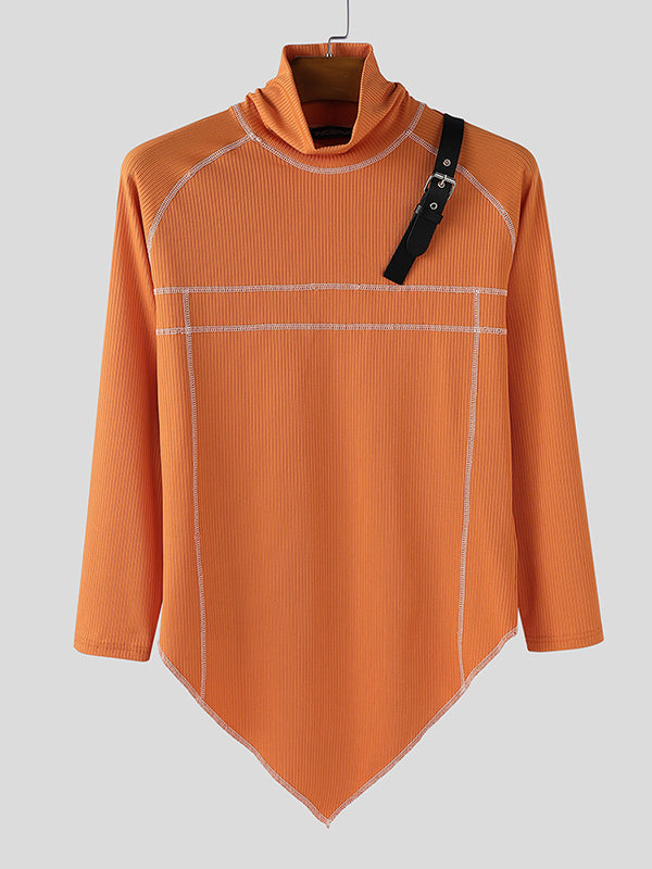 Men's Leather Buckle Patchwork Irregular Hem Long Sleeve T-Shirt SKUL30456