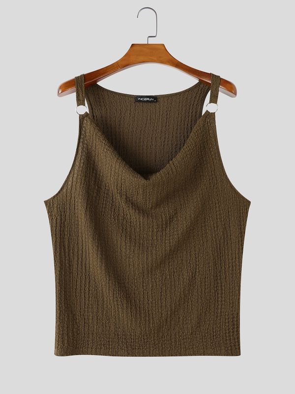 Men's Avant-Garde Double Metal Rings Cowl Neck Textured Crinkled Tank SKUL72415