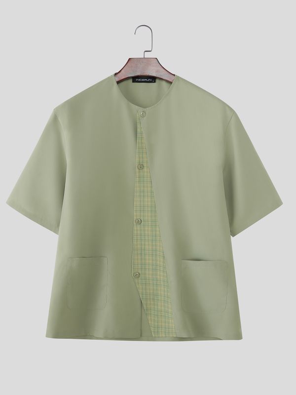 Men's Plaid Detail Collarless Short Sleeve Shirt SKUL54067