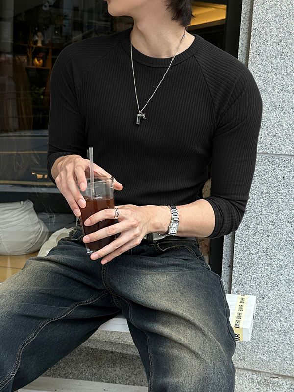 Men's Minimalist Textured Crew Neck Long Sleeve T-shirt SKUL43963