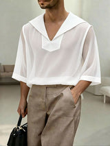 Men's Avant-Garde Sheer Sailor Collar V-Neck Mesh Textured Shirt SKUL60201