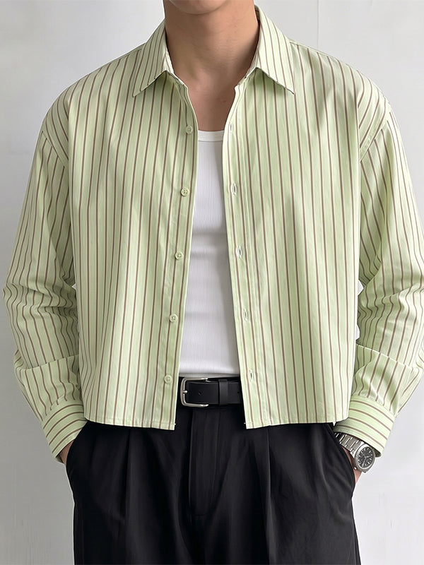Men's Korean Minimalist Striped Boxy Cropped Dropped Shoulder Long Sleeve Shirt SKUL76406