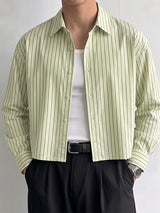 Men's Korean Minimalist Striped Boxy Cropped Dropped Shoulder Long Sleeve Shirt SKUL76406