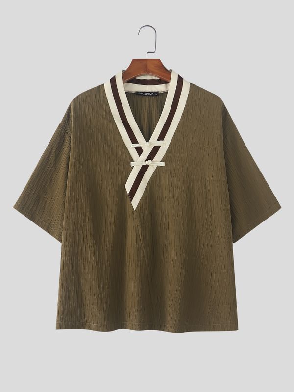 Men's Modern Neo-Chinese Cross V-Neck Frog Button Relaxed Short Sleeve Shirt SKUL60046
