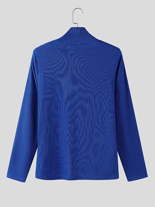 Men's Sheer Mesh Patchwork Knitted Textured High Neck Long Sleeve T-shirt SKUL43940