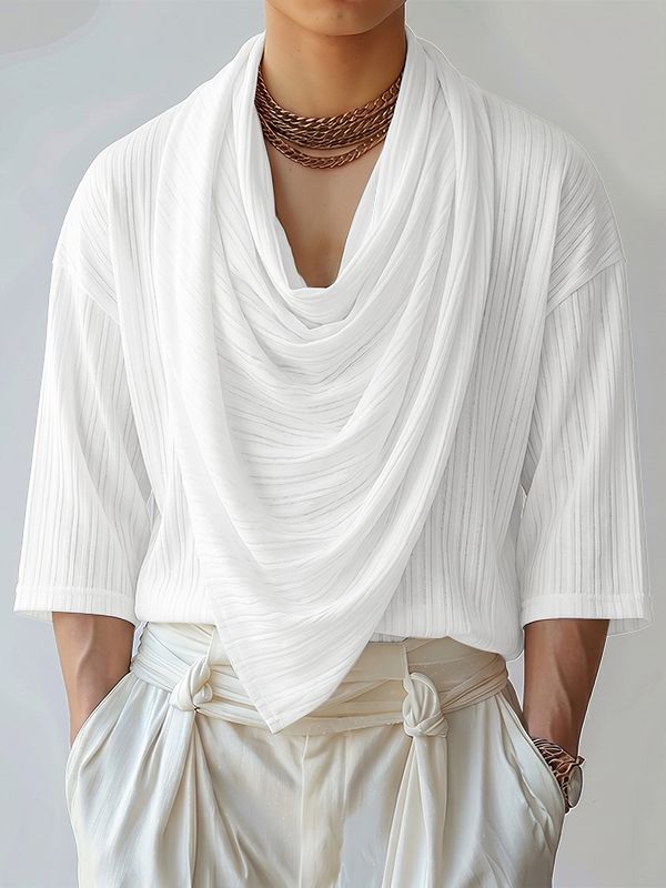 Men's Stylish Party Ribbed Cowl Neck Three Quarter Sleeve T-shirt SKUL74584