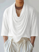 Men's Stylish Party Ribbed Cowl Neck Three Quarter Sleeve T-shirt SKUL74584