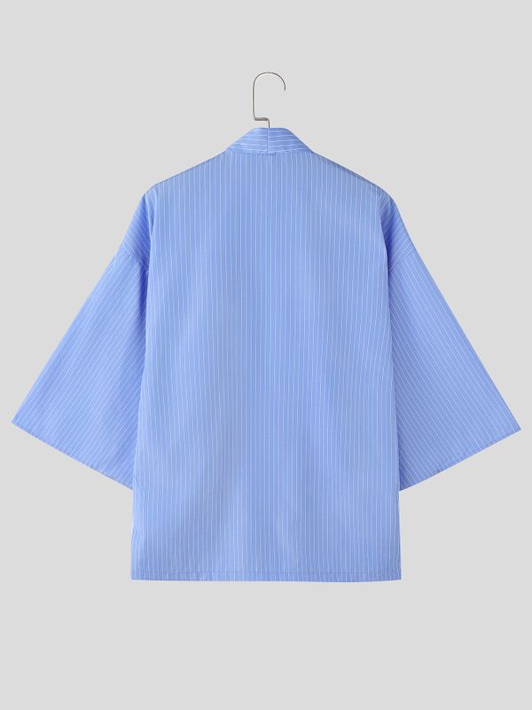 Men's Japanese Zen Striped Patch Pocket Open Front Wide Sleeve Cardigan SKUL72503