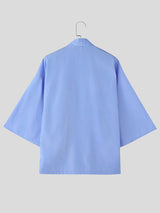 Men's Japanese Zen Striped Patch Pocket Open Front Wide Sleeve Cardigan SKUL72503