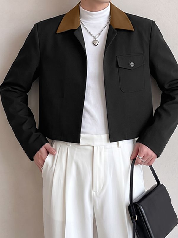 Men's Korean Minimalist City Casual Contrast Lapel Flap Pocket Cropped Jacket SKUL85232