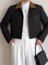 Men's Korean Minimalist City Casual Contrast Lapel Flap Pocket Cropped Jacket SKUL85232