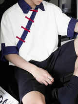 Men's Vintage Preppy Asymmetric Frog Button Lapel Short Sleeve Shirt SKUL61899