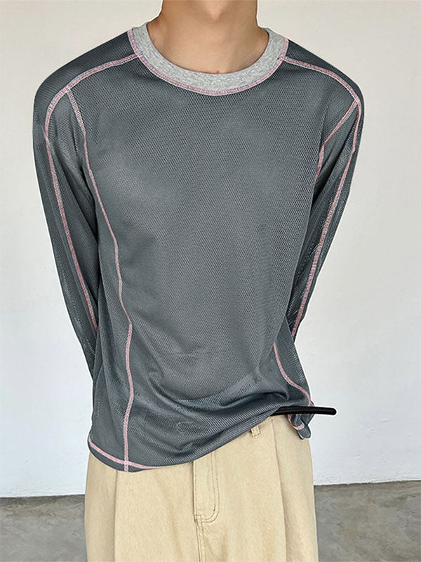 Men's Mesh Hollow Out Color Block Long Sleeve T-Shirt SKUL33866