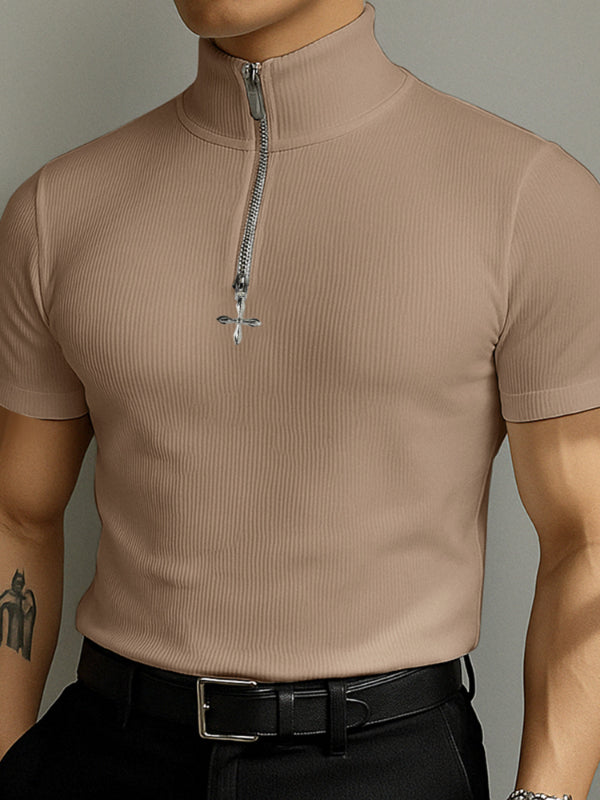 Mens Solid Color Textured Zipper Short Sleeve T-Shirt SKUL15196