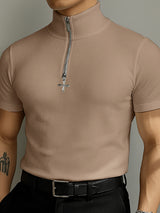 Mens Solid Color Textured Zipper Short Sleeve T-Shirt SKUL15196