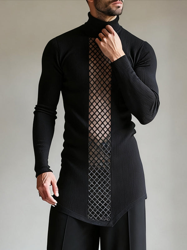 Men's Sheer Mesh Patchwork Knit Long Sleeve T-shirt SKUL45326