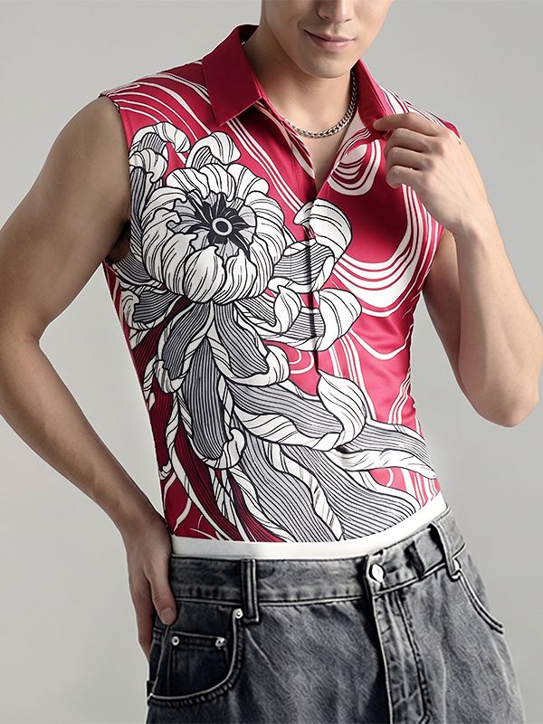 Men's Neo-Chinese Streetwear Ukiyo-e Wave Chrysanthemum Print Fitted Tank SKUL66062