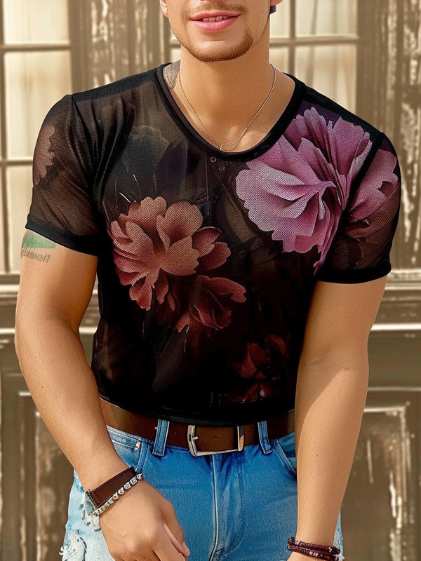 Mens Floral Print Sheer Short Sleeve T-Shirt SKUK68451