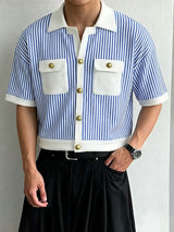 Men's Contrast Patchwork Striped Short Sleeve Shirt SKUL50764