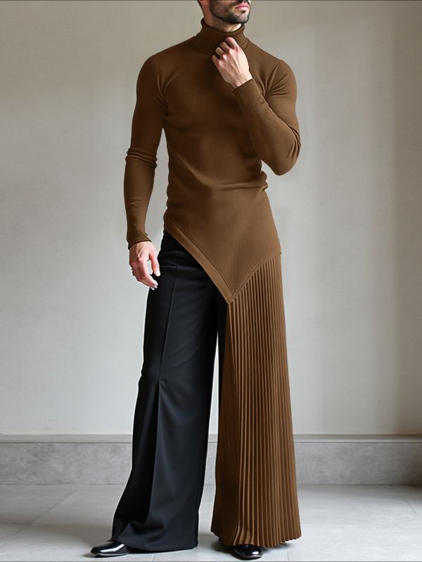 Men's Pleated Hem Textured High Neck Sweater SKUL37268