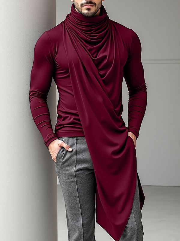 Men's Deconstructed Pleated Stacked Collar Long Sleeve T-Shirt SKUL32848