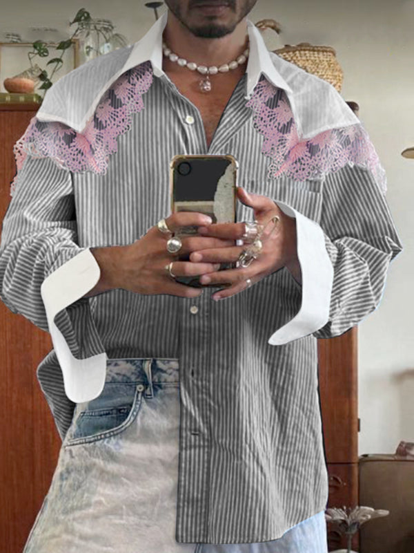 Men's Lace Trim Patchwork Striped Long Sleeve Shirt SKUL22820