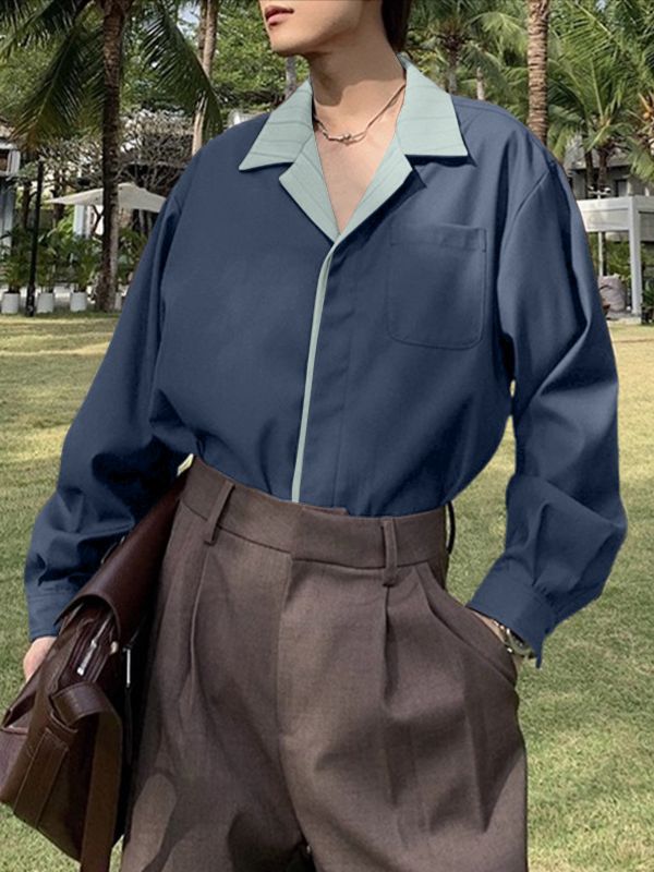 Men's Contrast Collar Striped Long Sleeve Shirt SKUL36458