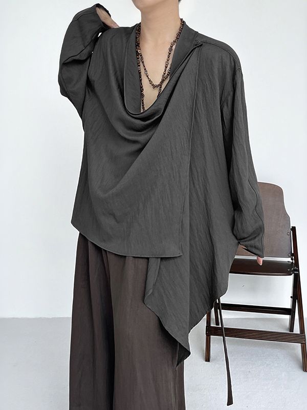 Men's Deconstructed Pleated Waist Drawstring Long Sleeve Shirt SKUL32840