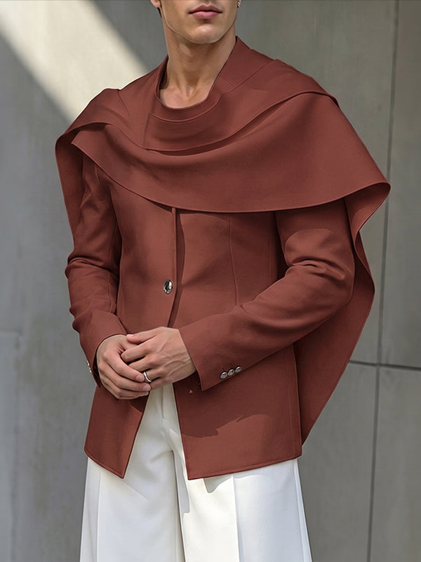Men's Avant-Garde Runway Sculptural Draped Shawl Cape Single Button Long Sleeve Shawl Collar Blazer SKUL81867